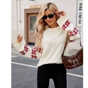 Bell Sleeve Crew Neck Snowflake Embroidered Knit Sweater